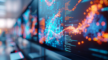 Data analysis center with futuristic computer interface showing big data analysis software processing information Digitalization cybersecurity artificial intelligence and machine learning concept