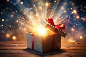 open gift box with glowing glitter light from inside