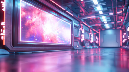 Obraz premium Futuristic spaceship interior corridor with glowing lights and large viewing window revealing nebula clouds in deep space concept spacecraft exploration technology futuristic travel science fiction