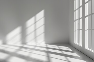 Fototapeta premium Sunlight Streaming Through a Window Casting Shadows on a White Wall and Floor