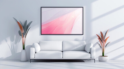 Modern living room interior white sofa mockup pink artwork frame plant white wall background