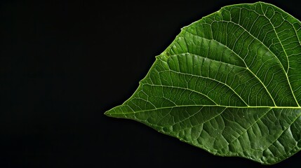 A single green leaf isolated against a black background.