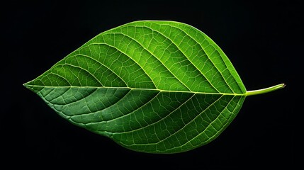 Obraz premium A single green leaf isolated against a black background.