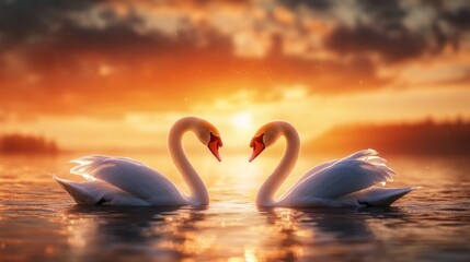 Two Swans Facing Each Other at Sunset