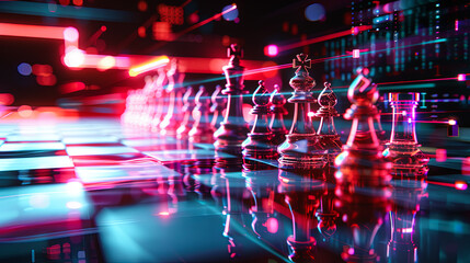 Fototapeta premium Chess pieces game strategy competition leadership challenge success business technology digital marketing futuristic concept background