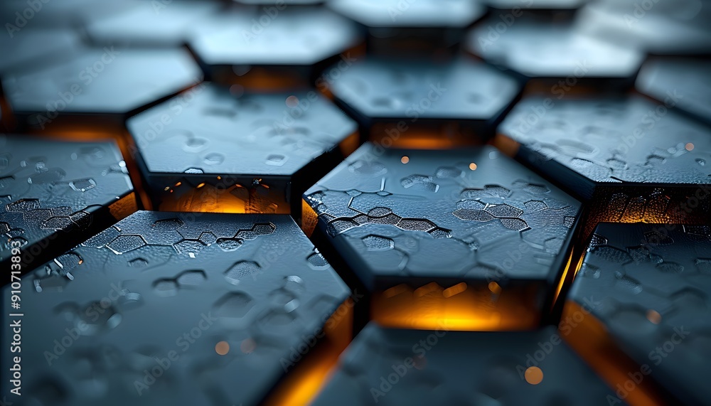 Aufkleber a close-up of a textured metallic surface with hexagonal patterns, illuminated from below with warm,