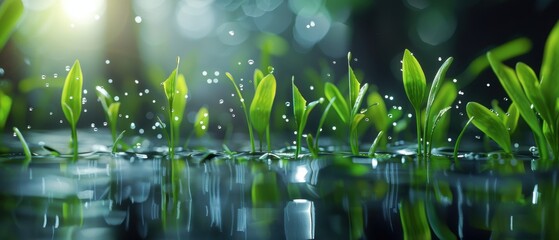 Fototapeta premium Evolution of Grass Growth: Seed to Blossom by the Pond in