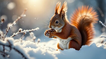 Obraz premium Adorable Squirrel Holding a Pinecone in a Snowy Landscape