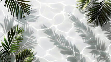 Tropical palm leaves natural shadow overlay effect on white background for product mockup photos nature summer concepts plant tree branches foliage sunlight sunshine from top view vacation vibes