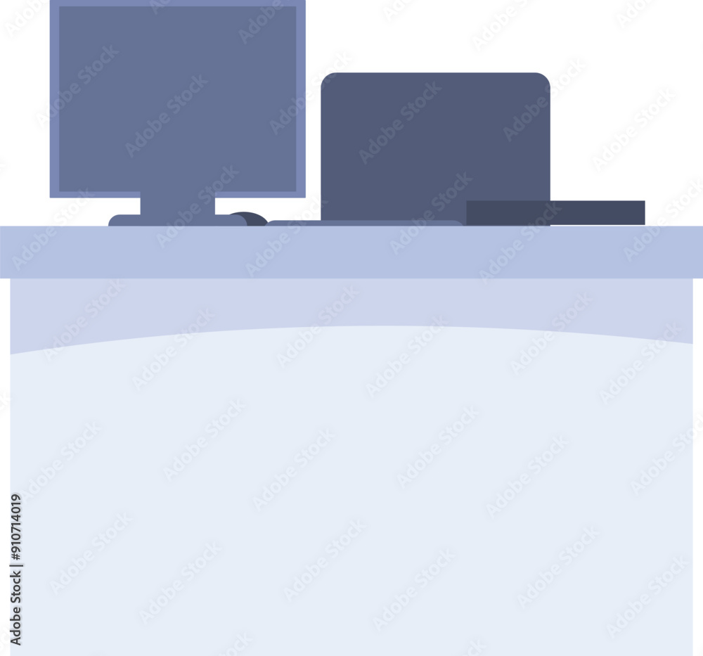 Poster reception desk with a computer monitor and laptop is waiting for customers