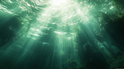 Tranquil semi realistic underwater perspective, shot from bottom to top, with green and blue tones on the water surface. Dreamy light penetrates the water surface, creating a peaceful atmosphere