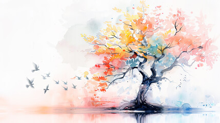 Watercolor painting colorful tree birds flying landscape art nature illustration design autumn season branches colorful leaves decorative abstract background