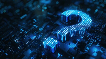 A radiant digital question mark symbolizes the inquisitive spirit of AI and blockchain.