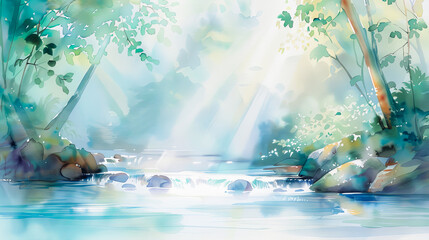 Watercolor painting serene landscape rainforest jungle with river flowing through lush vegetation sunlight peeking canopy creating tranquil idyllic scene nature painting digital art illustration