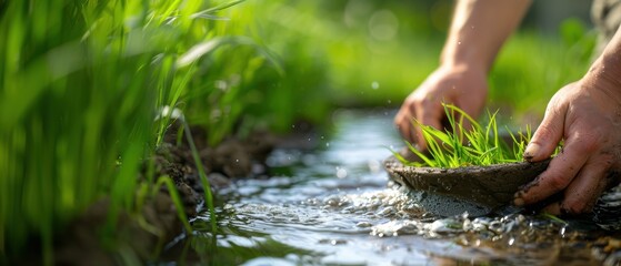 Sculpting a Serene Pond: Skilled Hands Using Tools Among Lush Grass Borders