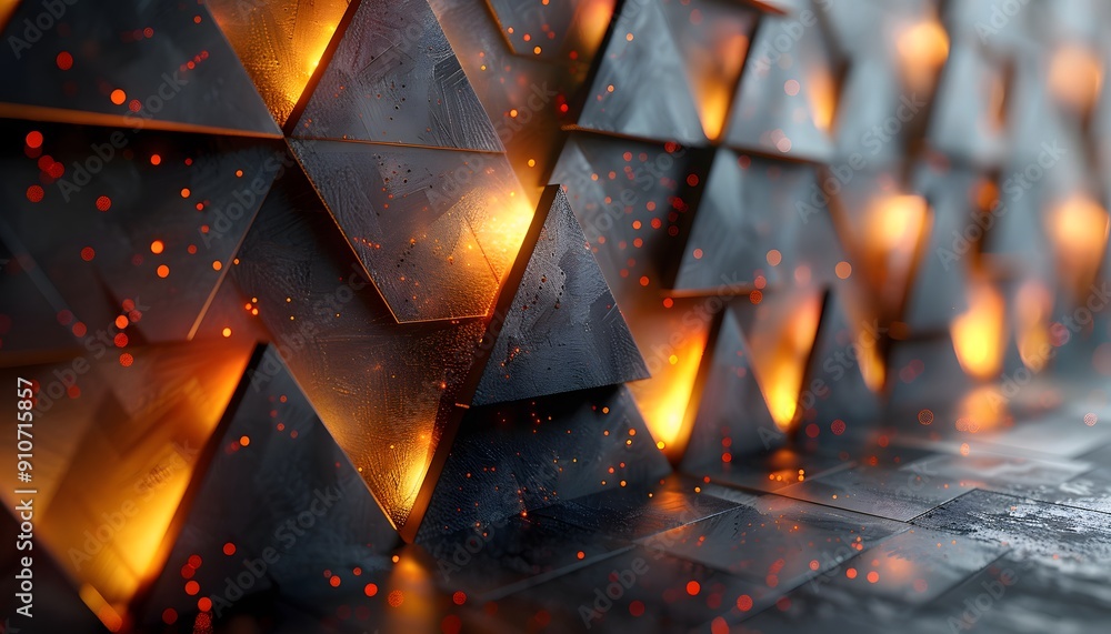 Poster a close-up of a textured, geometric pattern of triangles with glowing lights