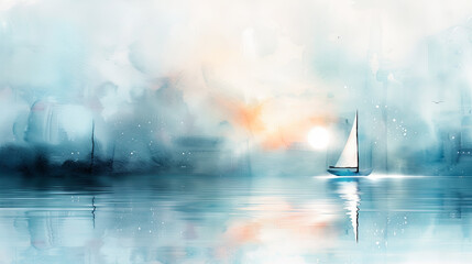 Abstract watercolor seascape painting sailboat ocean sunset calm sea serene landscape peaceful nautical marine art artwork nature background wallpaper design illustration blue water canvas wall art