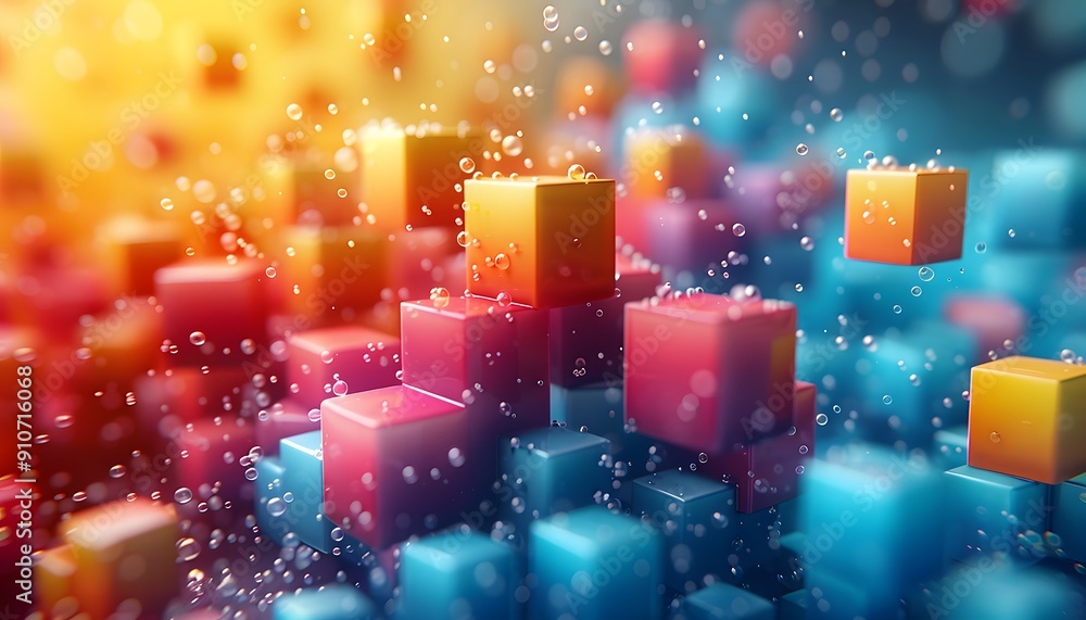 Aufkleber a colorful abstract pattern of 3d cubes with bubbles floating around them