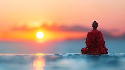 Naklejka premium Buddhist monk meditating sunset meditation peace serenity buddhism spirituality zen mindfulness asia tranquil water reflection