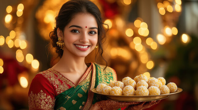 Young indian woman in traditional attire holding laddoo plate