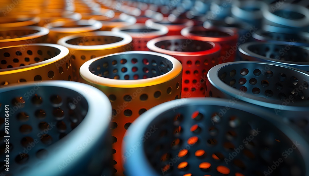 Aufkleber a close-up of a row of metal cylinders with holes, lit with a warm glow, creating a pattern of light