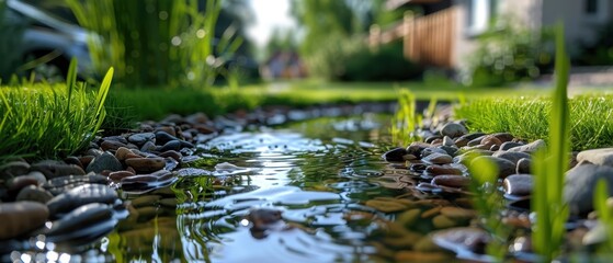 Serene DIY Pond Creation Surrounded by Lush Green Grass - Outdoor Water Feature Project for Relaxation and Wildlife