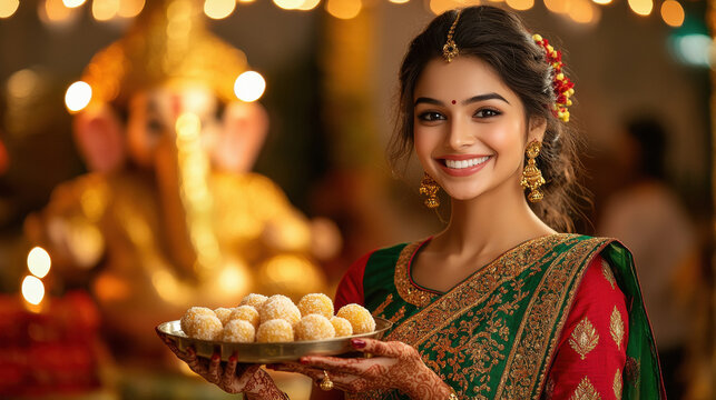 Young indian woman in traditional attire holding laddoo plate