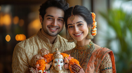 Young indian couple celebrating lord ganesha festival.