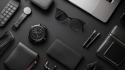 Black and Gold Accessories on a Dark Background