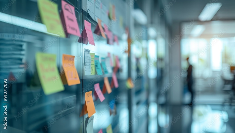 Poster glass wall covered in colorful sticky notes in office setting