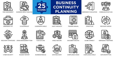 business continuity planning, management, strategy, business, risk, plan icon set. Outline icons collection. Simple vector illustration