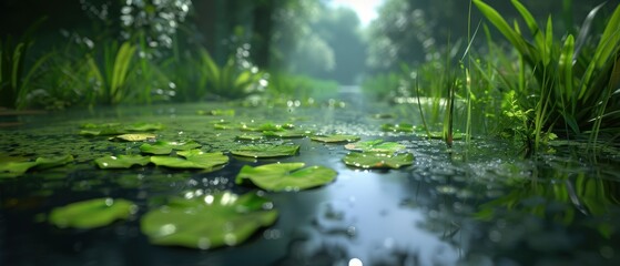 Fototapeta premium Serene Pond Landscape with Lush Grass and Lily Pads, a Harmony of Nature in Ecosystem
