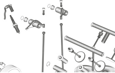 Two-cylinder disassembled engine on a white background.