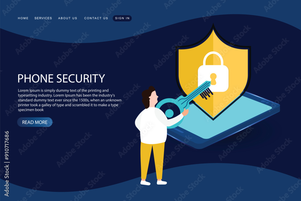 Poster people protecting private information with antivirus software. tiny man with key to lock on safe shi