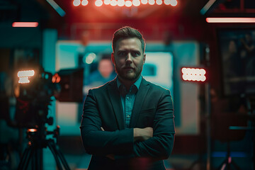 Confident Man in Dark Suit Posing in Professional Film Studio with Dramatic Lighting