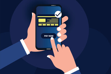 Hand holding phone and select debit cart for online payment. mobile banking app and e-payment.