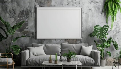 Grey Couch, White Frame, and Green Plants in a Room with Concrete Walls