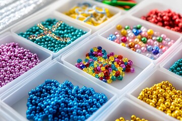 Set of for needlework and beading. Kids handmade beaded jewelry and different multi-colored beads for children's crafts in boxes. DIY art activity for kids. Motor skills, creativity and hobby.