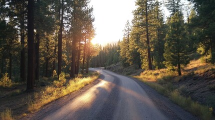 Fototapeta premium A Winding Dirt Road Through a Forest at Sunset