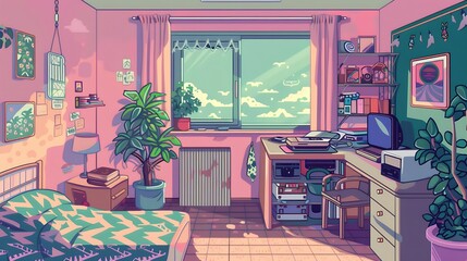 Cozy Bedroom Interior with Pink Walls, Green Plants, and a Window View.