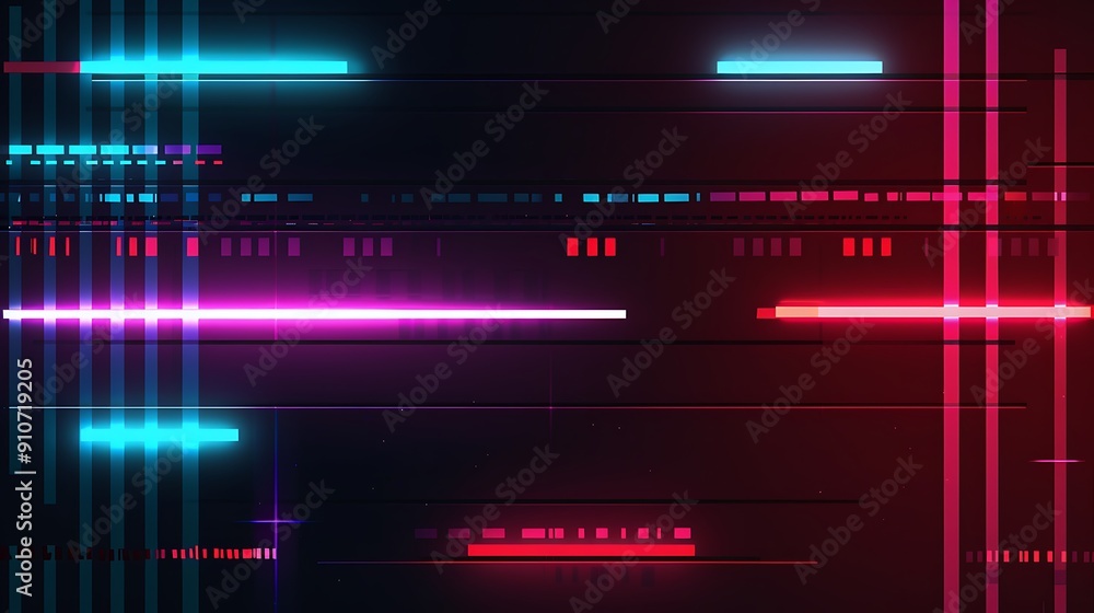 Wall mural Abstract Glitch Background with Pink and Blue Neon Lines.