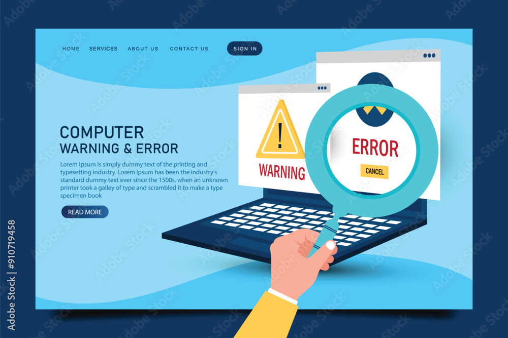Poster isometric laptop with warning and error message concept