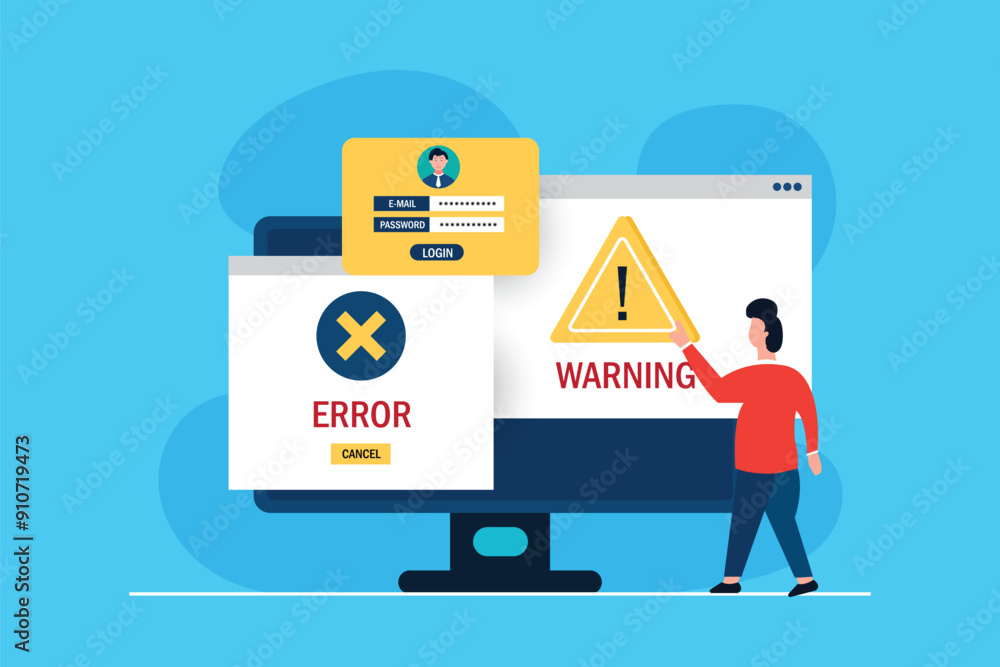 Poster computer warning and error concept, warnings unavailable page users, attention symbol alerts of prob