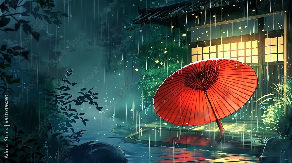 Poster Red Umbrella Under a Rainy Roof in a Japanese Garden.