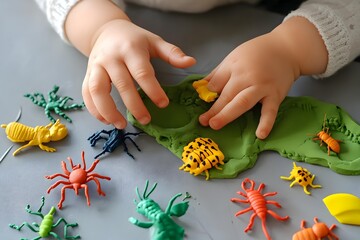 Child hands playing with toy insects. Educational game Bug Fossils made with play dough. Fine motor skills. Sensory play for toddlers..Montessori material. Activity for Kids