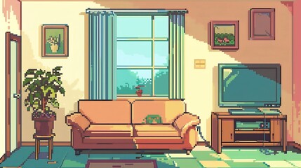 Pixelated Living Room Interior with a View of Nature Through the Window.