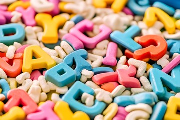 Colorful letters of the alphabet in sensory bin. Primary school or preschool, kindergarten. Educational game. Learning through play. Sensory play for toddlers