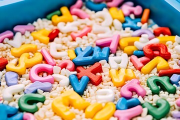 Colorful letters of the alphabet in sensory bin. Primary school or preschool, kindergarten. Educational game. Learning through play. Sensory play for toddlers