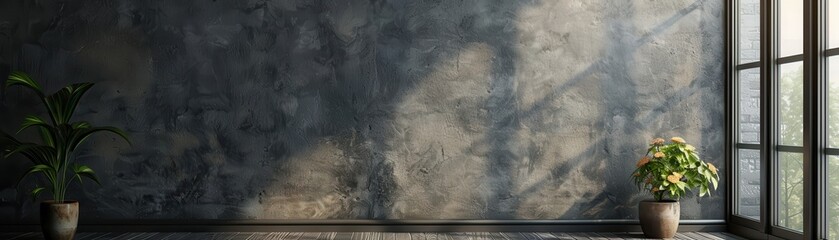 Naklejka premium Sunlit Modern Interior with Concrete Wall and Potted Plants by Large Window