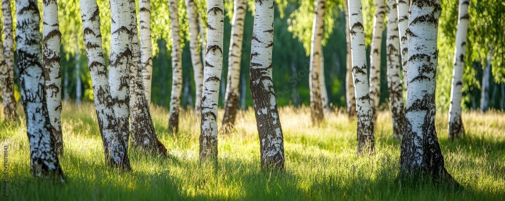Poster birch tree forest with sunlight filtering through